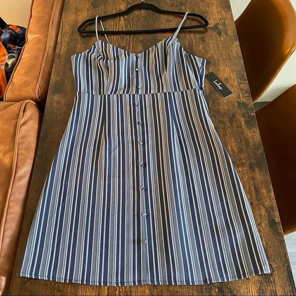 Navy Blue Striped Button-Front Mini Dress - Picture 9 of 14